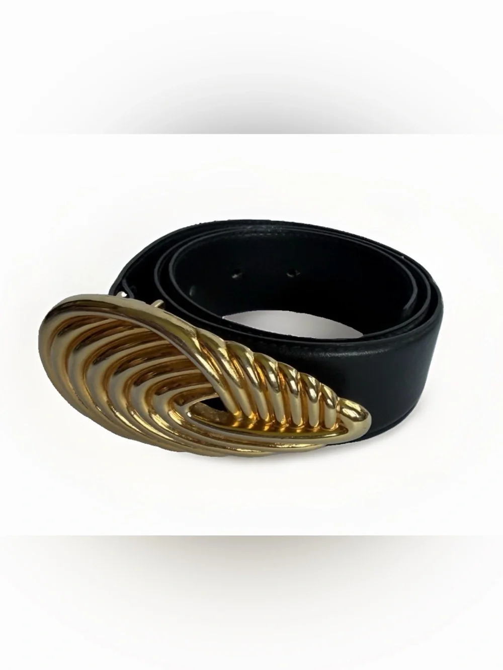 VTG R&R Black Genuine Leather Belt Gold Swirl Statement Buckle S